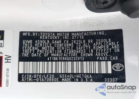 2016 Toyota Avalon Xle Plus z USA, uszkodzony, nr VIN 4T1BK1EB6GU232913